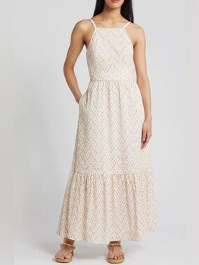 LILLY PULITZER Charlese Eyelet Tiered Cotton Maxi White & Gold Dress SZ 16